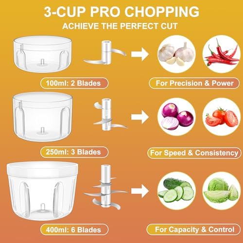 100+250+400ML Electric Garlic Chopper, 6 Blades Garlic Mincer