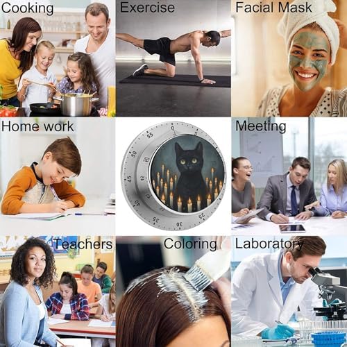 Black Cat in Room of Candles Kitchen Timers for Cooking Minimalist Chef Cooking Timer Clock with Loud Alarm No Batteries Required Mechanical Desk Timer Magnetic Backing