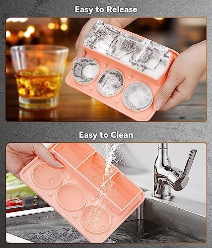 Ice Cube Tray with Lid, Silicone Ice Molds with Round, Square, Diamond, Rose, Large Ice Cube Mold for Whiskey, Bourbon, Cocktails, Easy Release BPA Free, Set of 2 (Pack of 2)