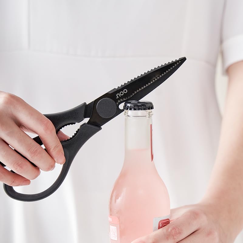 OOU Scissors Titanium Kitchen Scissors Heavy Duty, Scissors all Purpose with Bottle Opener & Nutcracker, Dishwasher Safe Kitchen Shears for Meat, Chicken, Vegetables, Seafood & Herbs, Black