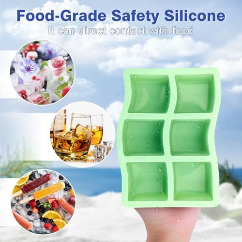 Large Ice Cube Tray for Freezer with Lid, 2Pack Silicone Ice Cube Trays, Big Square Ice Cube Maker for Cocktails, Coffee, Bartender Accessories BPA-Free & Dishwasher (Green)