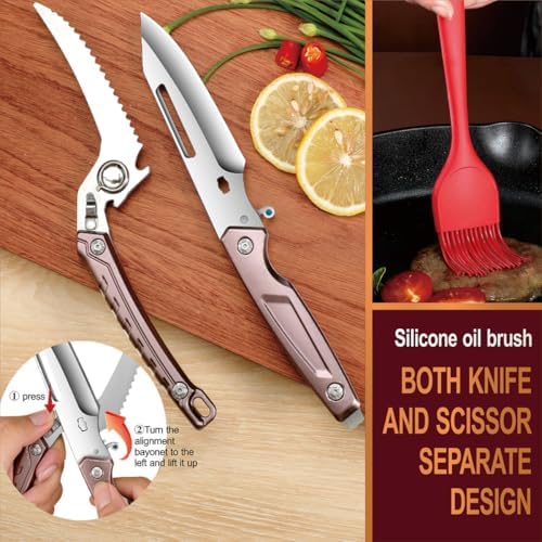 All Purpose Heavy Duty Kitchen Scissors for Food, Detachable Dishwasher Safe Poultry Shears with Spring-Loaded Chicken Bone Cutter (Brown)