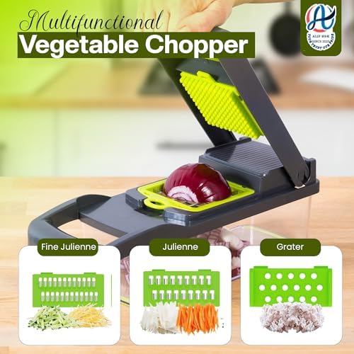 ALIF H&K 16-in-1 Vegetable Chopper & Mandoline Slicer, Heavy-Duty Food Chopper with 8 Stainless Steel Blades, Onion Dicer, Veggie Cutter, Drain Basket, Egg Separator & Storage Container