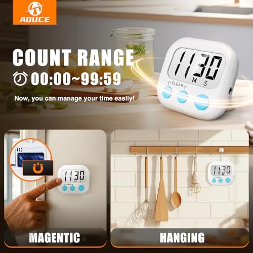 AOUCE Digital Kitchen Timers for Cooking, Timer for Kids 6 Pack White