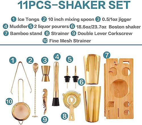 11-Pcs Cocktail Shaker Set Gold,Bartending Kit Stainless Steel Shakers 25oz Bar Kits for Bartender Mixing Set Barware Tool Sets for Professional Bartender and Home