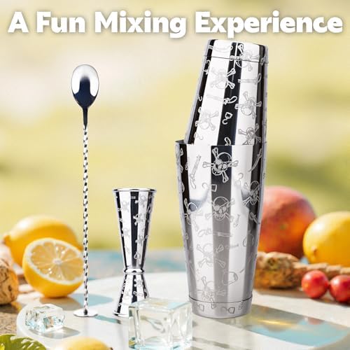 Boston Cocktail Shaker Etched Set, Jigger Spoon 17/24oz Skull