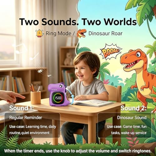 Purple Dinosaur Visual Timer for Kids, Girls Countdown Timer