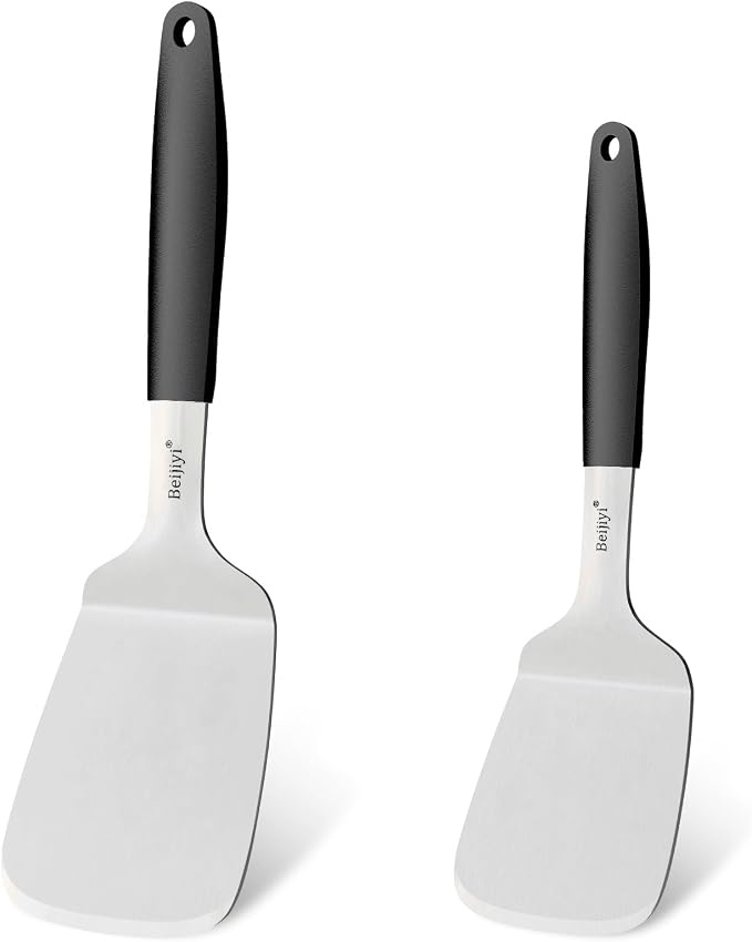 Beijiyi Stainless Steel Spatulas, 2 Pcs Metal Spatula Set for Cooking with Silicone Handle, Heavy Duty Turner for Cast Iron Skillet, Flat Top Grills, Kitchen Utensils for Steak, Pancake, Smash Burger