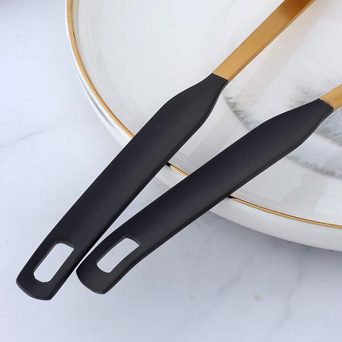 Buyer Star 2 Pcs Soup Ladle Colander, Gold Black Cookware Serving Long Handle Steel Slotted Spoon Cooking Utensil Set for Hotpot