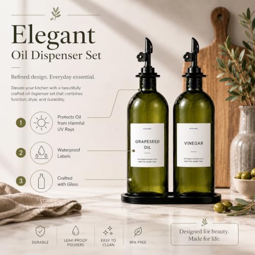 Olive Oil Dispenser for Kitchen, 2-Pack 16oz Glass Bottle with White Labels