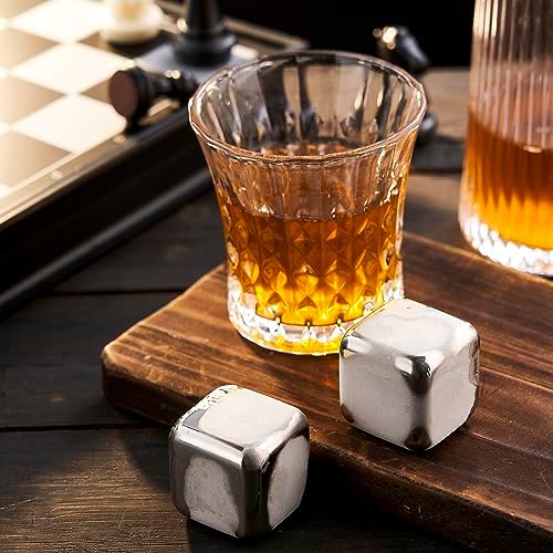 2 Large Whiskey Stones 64 cm³ (4 cu in) - Man Gift Set - Reusable Stainless Steel Metal Ice Sphere Cubes Beverage Chilling Rocks Whiskey Stones for Red Wine, Bar Beer, Scotch, Vodka Drinks - Silver