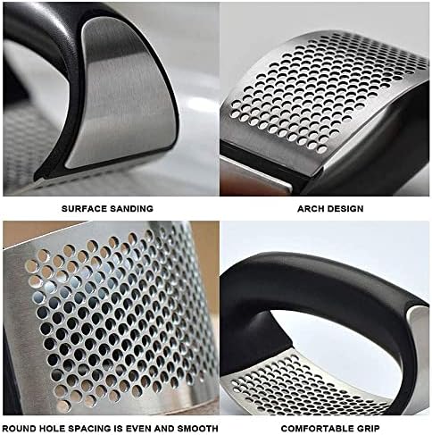 Garlic Press Rocker, Kitchen Stainless Steel Garlic Mincer Crusher, Professional Heavy Soft-Handled Crush Garlic, Garlic Mincer Crusher, Silicone Garlic Peeler, Rust Proof, Black