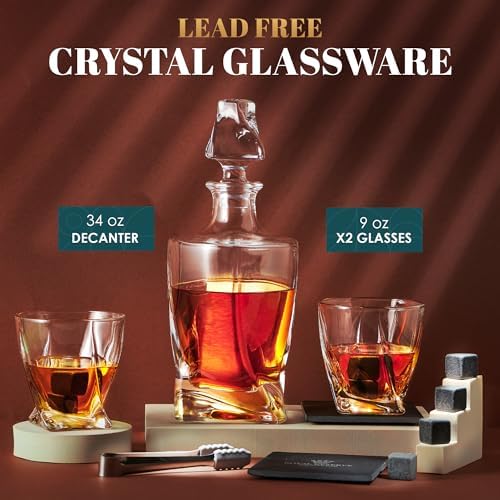 Whiskey Decanter Set for Men, Crystal Bourbon Decanter 24 oz & Glasses