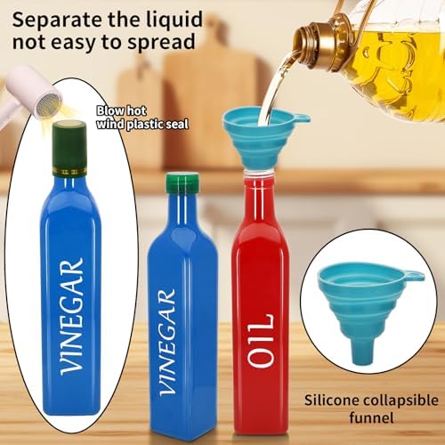 Olive Oil Dispenser Bottle,2 Pcs 17oz 500ml Glass O il and Vinegar Dispenser Set with 2 Stainless Steel Pourers, 8 Labels,Funnel Vinegar Bottles for Kitchen (Red Oil & Blue Vinegar)
