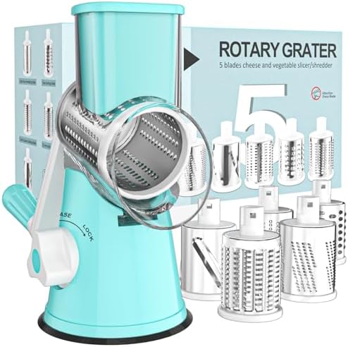 Cambom Rotary Cheese Grater Hand Crank Cheese Shredder for Fresh Cheese, Vegetable, Nuts,Non-slip Suction Base, Five Blades, Blue