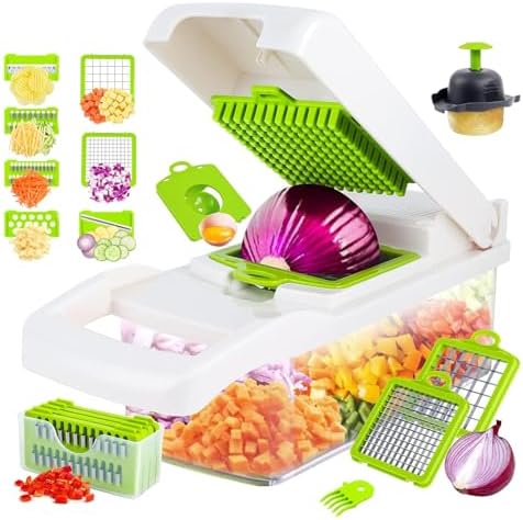 Vegetable Chopper,Multifunctional 13 in 1 Food Slicer For Kitchen.Veggie Chopper Cutter With 8 Blades And Container For Salad, Onion, Garlic (White)