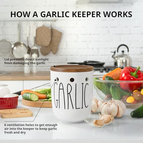 Ceramic Garlic Keeper for Counter, Large Garlic Holder with Acacia Wood Lid, Farmhouse Garlic Storage Container, Garlic Saver for Kitchen, White