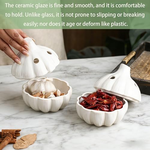 Garlic Keeper for Counter, Ceramic with Realistic Garlic Shape, Breathable Design, Anti-Mold, Easy Clean, Multi-Purpose Kitchen Decor & Gift, White