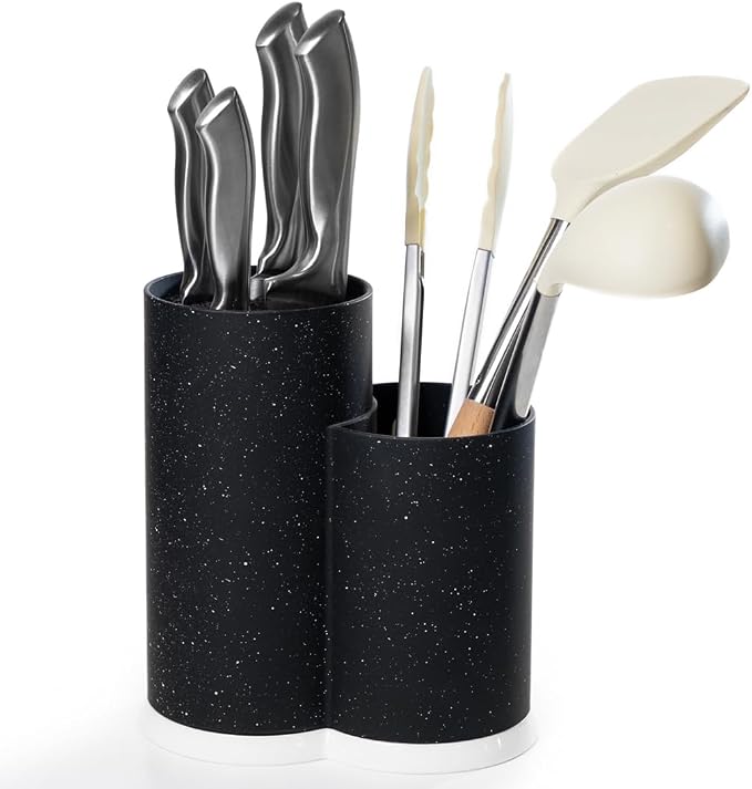 Stilaris Universal Knife Block & Utensil Holder - Dual Slotless Bristle Stand for Chef Knives, Scissors & Spatulas - Weighted Non-Slip Base, Modern Speckled Design, Easy Clean Removable Insert