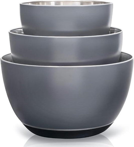 Stainless Steel Mixing Bowls Set, 3-Piece with Silicone Base | 1.5, 3 & 5 Qt Metal Bowls for Meal Prep, Baking, Cooking, Serving & Food Storage, Non-Slip Base, Dishwasher Safe, Grey