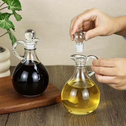 QWORK Glass Oil and Vinegar Cruets Set of 2, 8oz Clear Glass Olive Oil Dispenser Bottles with Airtight Stoppers, Round Salad Dressing Containers