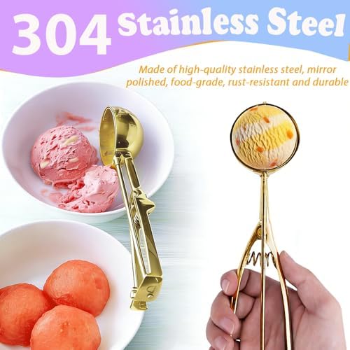 Ice Cream Scoop with Trigger Release, 304 Stainless Steel Cookie Scoops for Baking & Food Prep, Easy to Clean Dishwasher Safe Scooper for Ice Cream, Cookie Dough, Fruit and Meatballs（Colorful 3pcs)