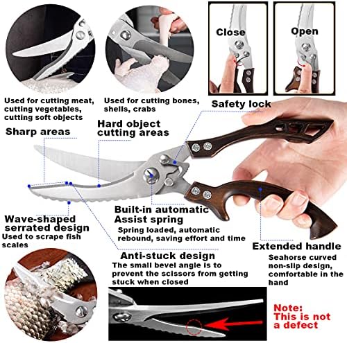 ANDONG Kitchen Scissors, Heavy Duty Professional Poultry Shears, Stainless Steel Spring Loaded, Dishwasher Safe, with Black Leather Sheath