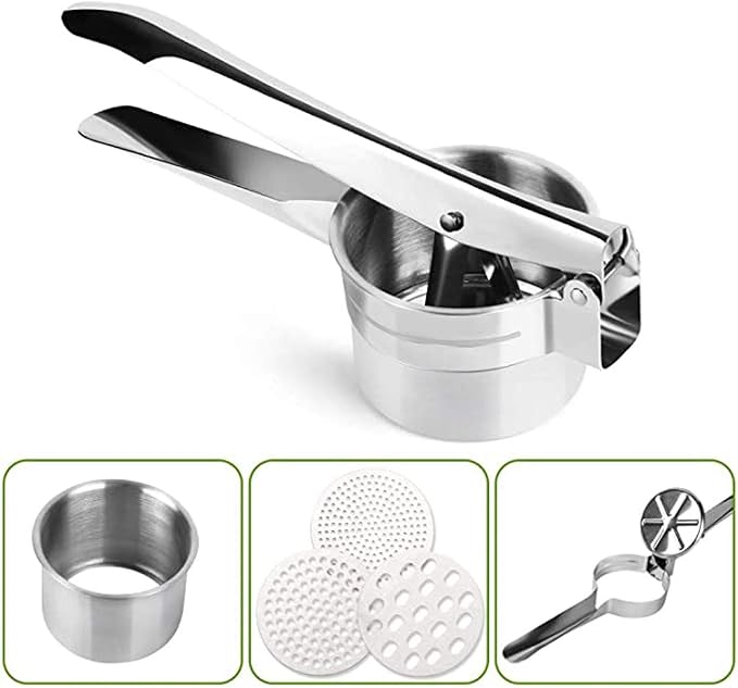 Premium Stainless Steel Potato Ricer Set with 3 Ricing Discs (Fine, Medium, Coarse) - Manual Masher, Baby Food Strainer, and Food Press with Ergonomic Comfort Grip. Dishwasher Safe