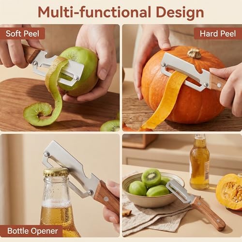 Multi-Functional Vegetable Peeler for Kitchen, New Ultra-Sharp Stainless Steel Blade with Wooden Handle and Bottle Opener, For Fruits and vegetables (3 Pcs)