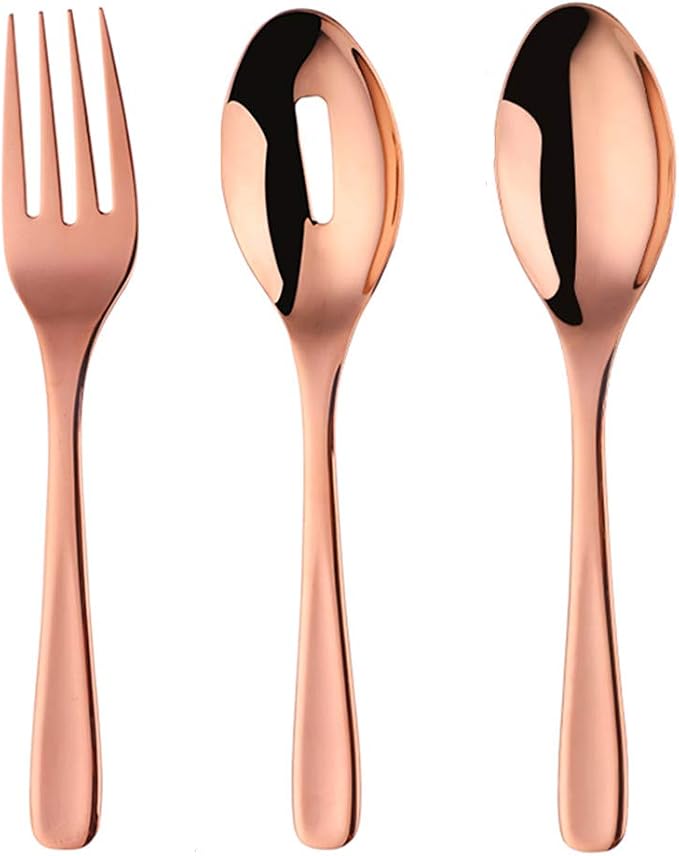 Salad Spoon Fork Serving Set of 3, Baikai 10 inch Heavy Duty Stainless Steel Polished Servers Spoon, Fork, Slotted Spoons(Rose Gold)