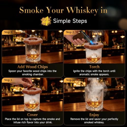 Whiskey Smoker Kit with Torch - 6 Flavors Wood Chips, Ice Ball Mold & Stone Ice Cubes – Complete Cocktail Smoking Set for Bourbon, Old Fashioned, Gifts for Men Dad Husband, Valentine's Day Gifts