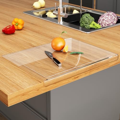 JJL Acrylic Cutting Board with Counter Lip, 16 x 12.5 Inches, Food-Grade & Anti-Slip, Clear, with Juice Groove – Perfect for Cutting Food with Juice, Ideal Choice for Kitchen Countertop Décor