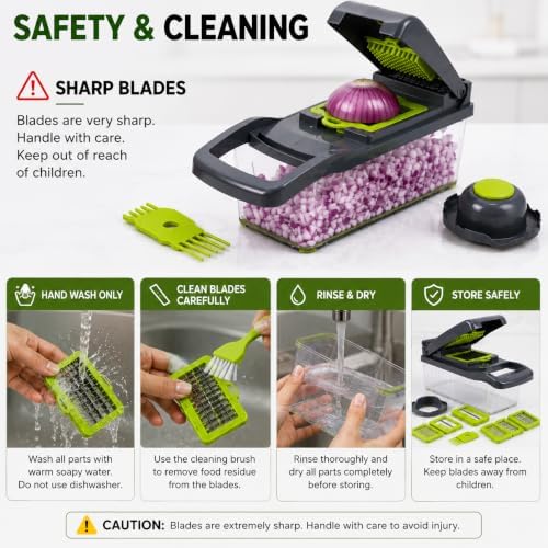 15-in-1 Vegetable Chopper and Mandoline Slicer, Onion Dicer with 8 Interchangeable Stainless Steel Blades, Food Container, Drain Basket, Safety Holder and Cleaning Tool for Fruits and Vegetables