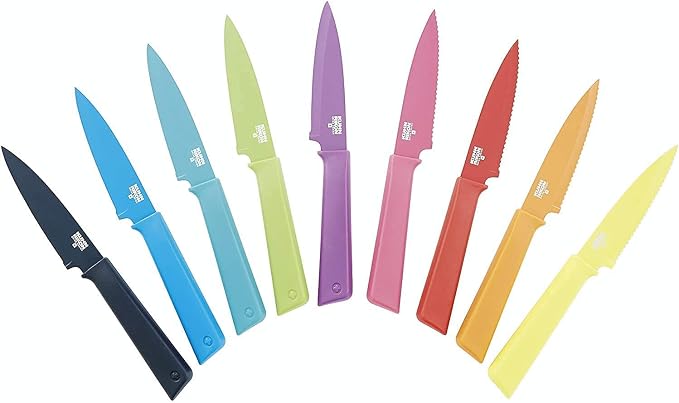 Kuhn Rikon COLORI+ Non-Stick Straight and Serrated Paring Knives with Safety Sheaths, Set of 2, Graphite Grey