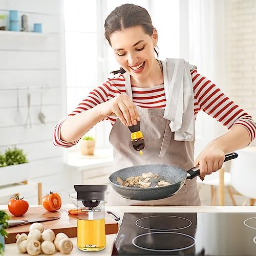 Oil Dispenser with Brush - 2 IN 1 Glass Olive Oil Dispenser for Cooking, Upgrade T-OB21S Oil Dispensing Bottle with Silicone Basting Brush for Vinegar Sauce BBQ Grill Frying Kitchen, Brown
