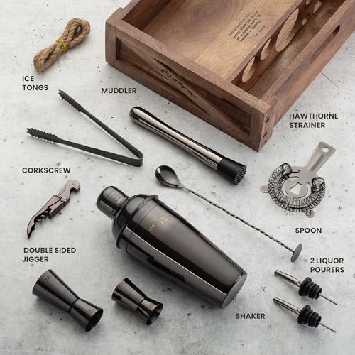 Mixology & Craft Rustic Cocktail Shaker Set – Includes Wood Stand, Complete Barware Kit with 24 Oz Shaker, Dual Jiggers, Pourers, Muddler, Strainer – Perfect for Home Bartenders (Gun-Metal Black)