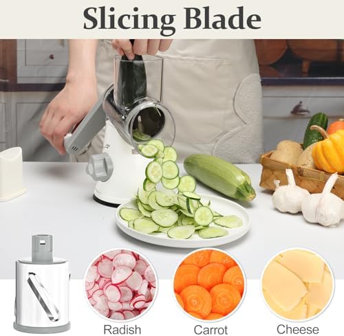 Cambom Rotary Cheese Grater Hand Crank Cheese Shredder for Fresh Cheese, Vegetable, Nuts,Non-slip Suction Base, Five Blades, White (Pack of 2)