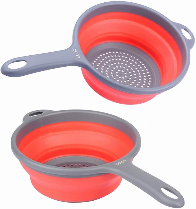 ZOER Kitchen Foldable Pasta Strainers,Collapsible Colanders with Handles,Space-Saver Folding Silicone Strainers Colander,Capacity of 2 quart (Red and Red)