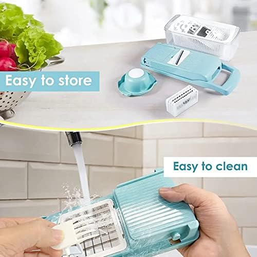 Bohai Food Chopper Vegetable-Fruit-Cheese-Onion Dicer Tomato Cutter Grater 12 in 1 Veggie Spiralizer Salad Potato Slicer with Container Multi-function Kitchen Aid Carrot Light Blue