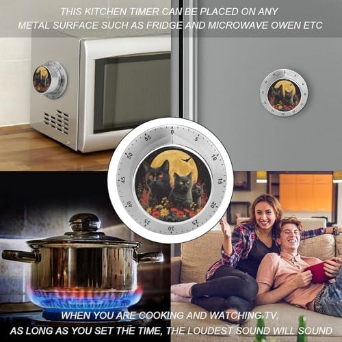 Vintage Halloween Black Cat Kitchen Timers for Cooking Surrounded by Flowers Chef Cooking Timer Clock with Loud Alarm No Batteries Required Mechanical Desk Timer Magnetic Backing