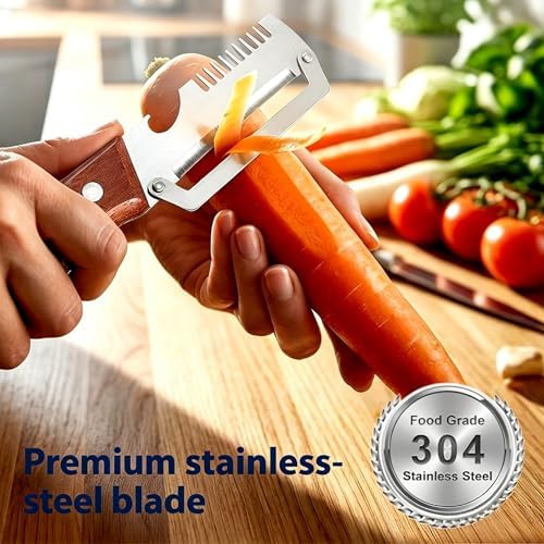 Upgraded 3-in-1 Vegetable Peeler, Wooden Handle Stainless Steel Kitchen Peeler with Julienne Slicer and Bottle Opener, Multi-Functional Fruit Potato Veggie Kitchen Gadget (Left-Handed 2)