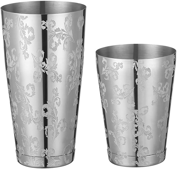 Stainless Steel Boston Shaker with Etched Pattern Weighted Shaking Tin Set (Leaf Silver)