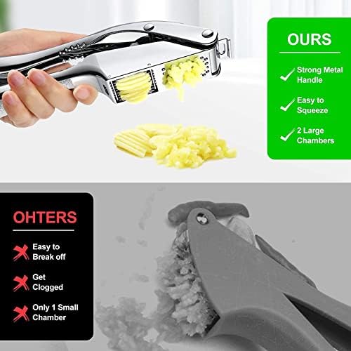 Garlic Masher, 2 in 1 Garlic Press Easy to Use Garlic Mincer Stainless Steel Garlic Crusher Heavy Duty Garlic Smasher