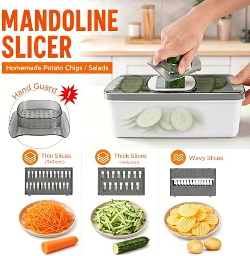 7-in-1 Vegetable Chopper – Mandoline Slicer Dicer with Container, Easy Tap Chop Food Cutter, 7 Interchangeable Blades for Onion Potato Cucumber, Kitchen Essentials Gift