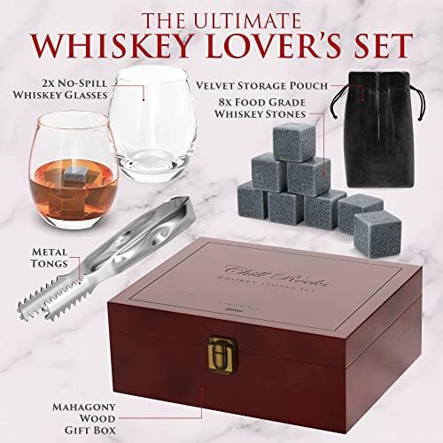 Premium Chill Rocks Whiskey Gift Set - Whisky Scotch Chilling Stones - 2 Glasses + 8 Beverage Cooling Soapstones + Stainless Steel Tongs + Velvet Storage Pouch – Luxury Wooden Gift Box - Men’s Gift