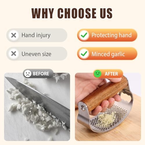 Garlic Press Rocker, 2025 New Manual Stainless Steel Garlic Presser Rocker, Crusher Masher with Garlic Peeling Drum Brush for Home Kitchen Utensils (2)
