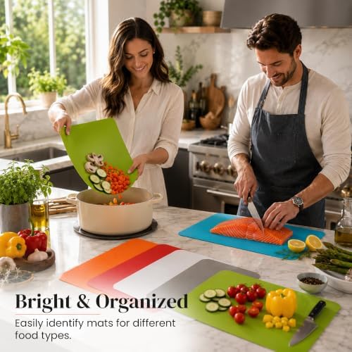 Simply Genius Plastic Cutting Boards - Flexible Color Coded Cutting Board Set - Textured Grip Odor-Resistant Dishwasher-Safe Chopping Mat - Pack of 4-8 in x 11 in - Multicolor