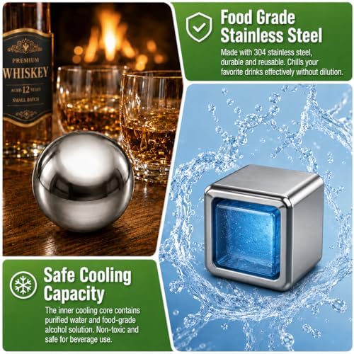 13-Piece Stainless Steel Whiskey Stones Set, 3 Cooling Balls and 8 Cooling Cubes with Tongs and Velvet Pouch (Black Gift Box)