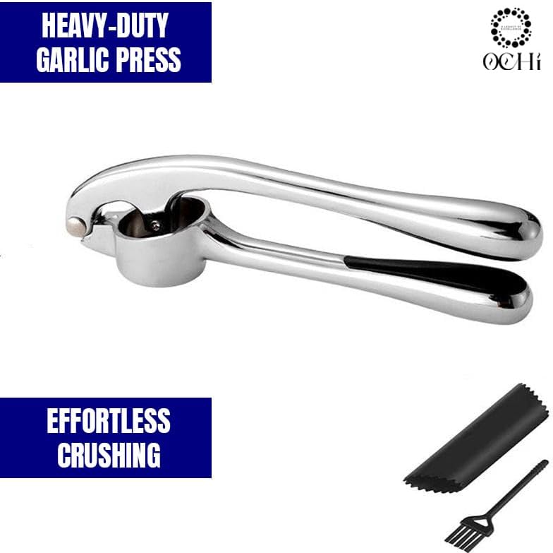 OCHI Premium Garlic Press Set – Rust-Proof Stainless Steel Mincer with Ergonomic Handle, Dishwasher Safe – Includes Silicone Peeler & Cleaning Brush (Silver)