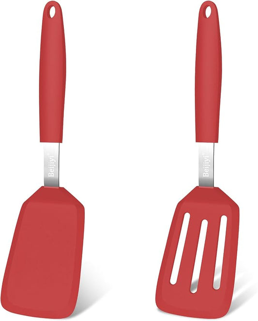 Beijiyi 2 Pack Silicone Spatula Set, Heat Resistant, for Nonstick Cookware | Flipping & Cooking, BPA Free, Flexible, Solid & Slotted Turner, Non-Toxic Kitchen Utensils, Non Scratch, Dishwasher Safe